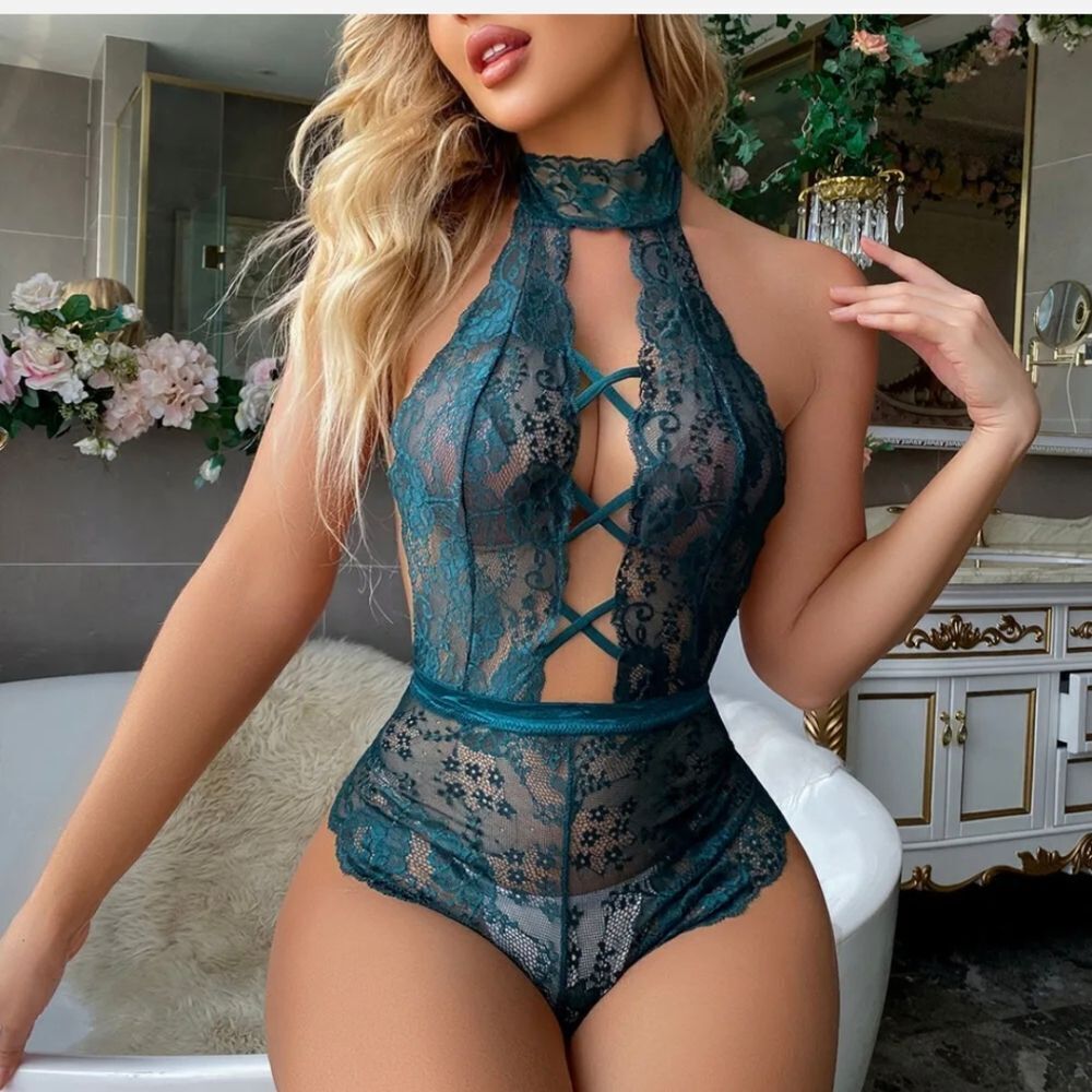 Sexy Lingerie for Women Hollow Out Floral Lace Bodysuit One Piece Deep V Teddy